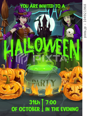 Halloween flyer with cartoon witches and pumpkins. Vector party invitation poster with funny hags and boiling cauldron with potion, castle at night moonlight and spooky jack lantern scary personages 104921968