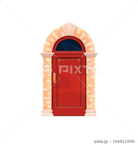 Front door with stone doorway arch, old house or vintage home entrance, cartoon vector. Mansion front door with stone brick gate arch, antique gateway with red wooden door of ancient apartment 104922000
