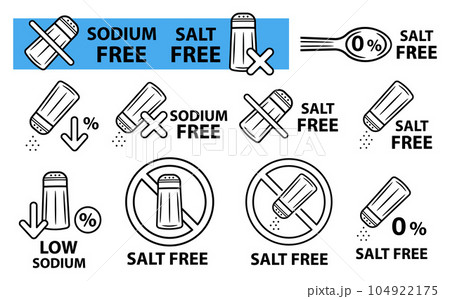 Salt free, low sodium sulfate, no salty diet food, crossed glass spice shaker bottle line icon set. Not added saline seasoning. Natural cooking nutrition eating product. Stop prohibition vector sign Salt free, low sodium sulfate, no salty diet food, crossed glass spice shaker bottle line icon set. Not added saline seasoning. Natural cooking nutrition eating product. Stop prohibition vector sign 104922175