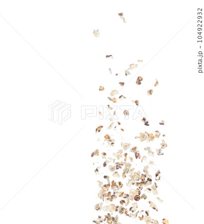 Purple pop corn fly explosion, purple snack organic pop corn float explode, abstract cloud fly. Purple popcorn organic food splash throwing in Air. White background Isolated 104922932