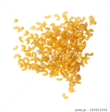 Macaroni flying explosion, yellow macaronis pasta float explode, abstract cloud fly. Curved macaroni pasta splash throwing in Air. White background Isolated high speed shutter, freeze motion Macaroni flying explosion, yellow macaronis pasta float explode, abstract cloud fly. Curved macaroni pasta splash throwing in Air. White background Isolated high speed shutter, freeze motion 104922958
