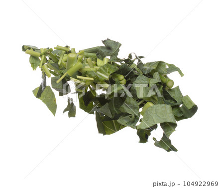Kale fly fall mid air, green fresh vegetable chinese kale cut chop slice. Organic fresh vegetable with eaten leaf of chinese kale, heap close up texture. White background isolated freeze motion Kale fly fall mid air, green fresh vegetable chinese kale cut chop slice. Organic fresh vegetable with eaten leaf of chinese kale, heap close up texture. White background isolated freeze motion 104922969