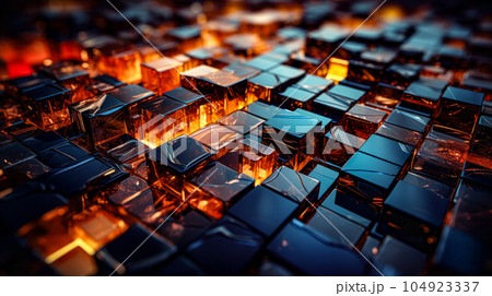 Cracked wall with a bright fire inside, abstract background. Futuristic abstract background with low poly shapes, glowing particles. Abstract falling apart shattered black rock wallpaper explosion. 104923337