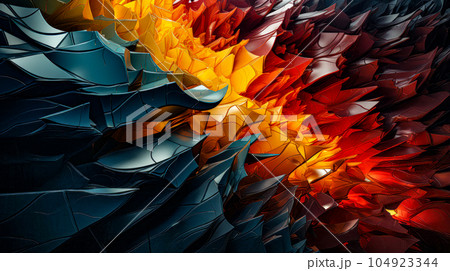 Futuristic abstract background with low poly shapes, glowing particles. Cracked wall with a bright fire inside, abstract background. Abstract falling apart shattered black rock wallpaper explosion. 104923344