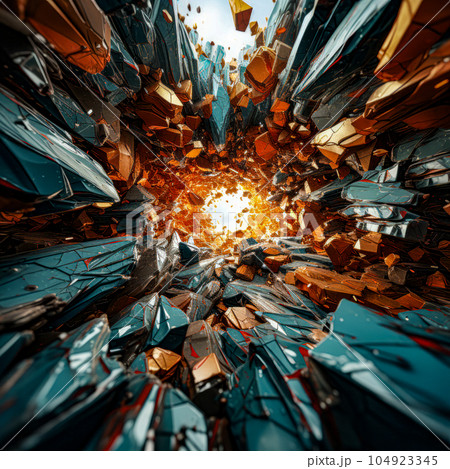 Futuristic abstract background with low poly shapes, glowing particles. Cracked wall with a bright fire inside, abstract background. Abstract falling apart shattered black rock wallpaper explosion. 104923345