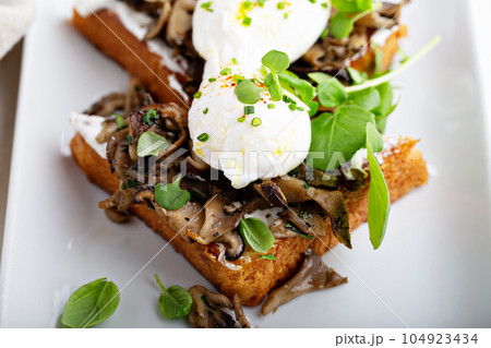 Breakfast toast with mushrooms and poached eggs Breakfast toast with mushrooms and poached eggs 104923434