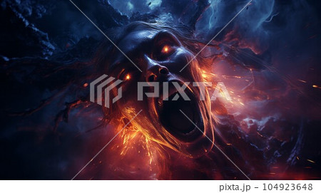 Angry demon yelling. Angry creature from hell with a growl, screaming. Beast causes chaos and destruction on a fire background. Fictional scary character crying in pain. 104923648