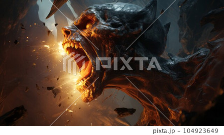 Angry demon yelling. Angry creature from hell with a growl, screaming. Beast causes chaos and destruction on a fire background. Fictional scary character crying in pain. 104923649