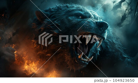 Furious bear in the fire of destruction. Angry furry brown bear with a growl giving a death stare. Beast bear causes chaos and destruction on a fire background. Fictional scary character with a grin. Furious bear in the fire of destruction. Angry furry brown bear with a growl giving a death stare. Beast bear causes chaos and destruction on a fire background. Fictional scary character with a grin. 104923650