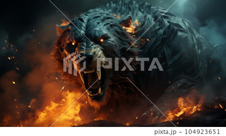 Furious bear in the fire of destruction. Angry furry brown bear with a growl giving a death stare. Beast bear causes chaos and destruction on a fire background. Fictional scary character with a grin. Furious bear in the fire of destruction. Angry furry brown bear with a growl giving a death stare. Beast bear causes chaos and destruction on a fire background. Fictional scary character with a grin. 104923651