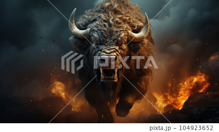 Angry bison with horns standing in the fire of destruction. Furious furry bison with a growl giving a death stare. beast causes chaos and destruction on a fire background. Fictional scary character. Angry bison with horns standing in the fire of destruction. Furious furry bison with a growl giving a death stare. beast causes chaos and destruction on a fire background. Fictional scary character. 104923652