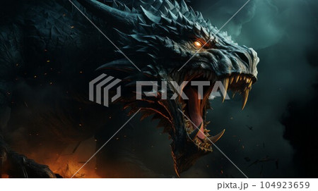 Mad dragon destroying the world. Angry reptile with a growl giving a death stare. Chinese dragon causes chaos and devastation on a flame background. Fictional scary character with a grin. Mad dragon destroying the world. Angry reptile with a growl giving a death stare. Chinese dragon causes chaos and devastation on a flame background. Fictional scary character with a grin. 104923659