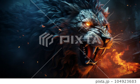 Furious lion in the fire of destruction. Angry furry lion with a growl giving a death stare. Cat like beast causes chaos and destruction on a fire background. Fictional scary character with a grin. 104923683
