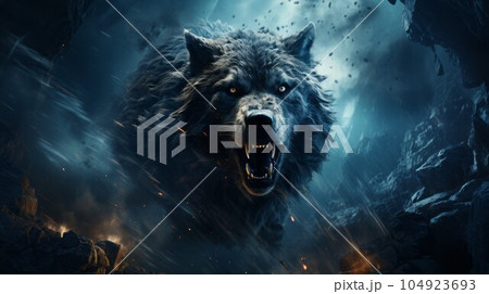 Furious wolf in the fire of destruction. Angry furry wolf with a growl giving a death stare. Beast causes chaos and destruction on a fire background. Fictional scary character with a grin on its face. 104923693