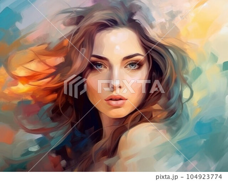 Fashion portrait of a beautiful sensual girl with makeup a painted by oil. Digital painting art. Colorful oil portrait of an Attractive face of an young brown-haired woman. Sensual young lady. Fashion portrait of a beautiful sensual girl with makeup a painted by oil. Digital painting art. Colorful oil portrait of an Attractive face of an young brown-haired woman. Sensual young lady. 104923774