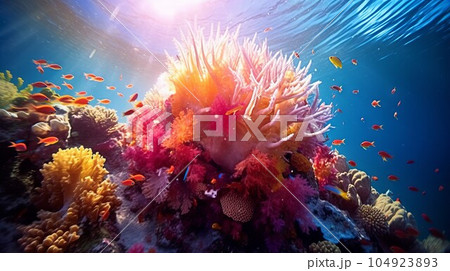 View from below of a beautiful colorful coral reef with a water column through which sunlight breaks through. Colorful Tropical coral reef and fish in the Sea.  Pink coral reef in the deep blue ocean. 104923893