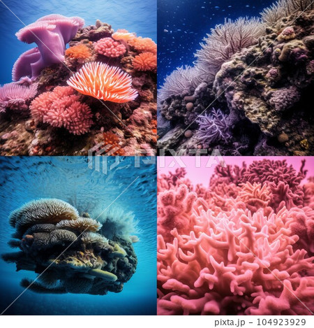 Collage of underwater images of coral reefne life. 3d render. Collage of underwater images of pink coral reef and sea anemones. 104923929