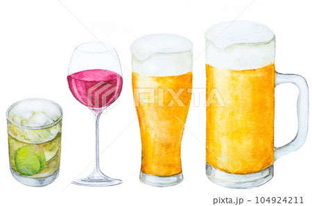 水彩で描いたビールやワインなどのイラスト 104924211