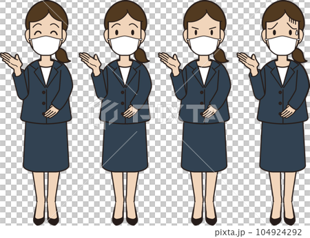 A young woman in a suit wearing a mask Here is the hand guidance introduction 104924292