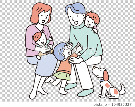 一對年輕夫婦和三個孩子,一個美好的家庭和一隻寵物狗 一對年輕夫婦和三個孩子,一個美好的家庭和一隻寵物狗 104925327