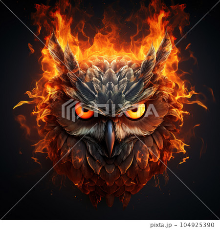 Image of angry an owl face and flames on dark background. Wildlife Animals. Illustration, Generative AI. 104925390