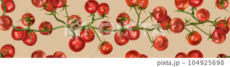 Seamless hand drawn pattern with cherry tomatoes. Vegetable background for textiles, fabrics, banner, wrapping paper, and other designs. Digital illustration on peach background Seamless hand drawn pattern with cherry tomatoes. Vegetable background for textiles, fabrics, banner, wrapping paper, and other designs. Digital illustration on peach background 104925698