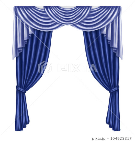Arch of blue curtains made of satin, silk, fabric. Digital illustration on a white background. Decorative element for windows and doors in the interior of a house, dance hall, theater Arch of blue curtains made of satin, silk, fabric. Digital illustration on a white background. Decorative element for windows and doors in the interior of a house, dance hall, theater 104925817