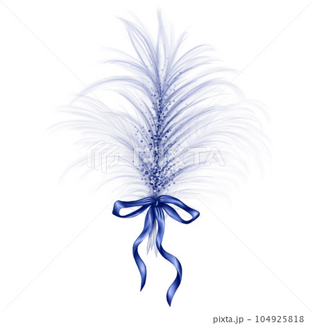 An airy composition of a light blue feather tied with a blue satin ribbon. Decorations for bouquets, boutonnieres, hats, masquerade masks, costumes. Digital illustration on a white background. 104925818