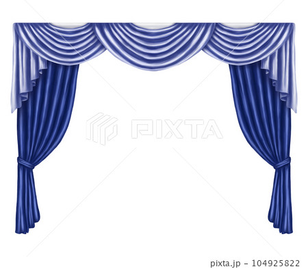 Arch of blue curtains made of satin, silk, fabric. Digital illustration on a white background. Decorative element for windows and doors in the interior of a house, dance hall, theater 104925822
