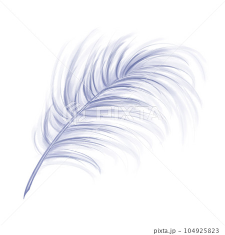 Elegant fluffy bluish feather of a swan, goose. Decorative element for theatrical costumes, carnival outfits, hats, bouquets of flowers and souvenirs. Digital illustration on a white background 104925823