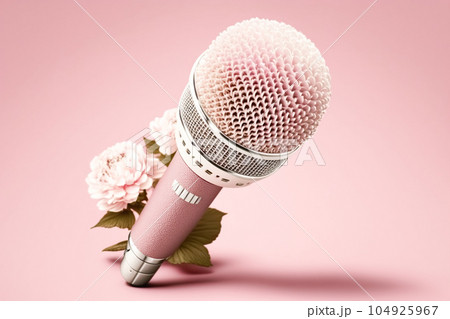 Golden metal microphone decorated with pink flowers, pink bright background, copy space. Grunge, nostalgia 104925967