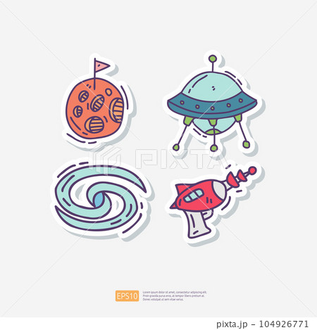 asteroid meteor, UFO Space Ship, cosmic space, Alien Space Gun Doodle Sticker Icon Set. Space Adventure and Cosmos Vector illustration 104926771