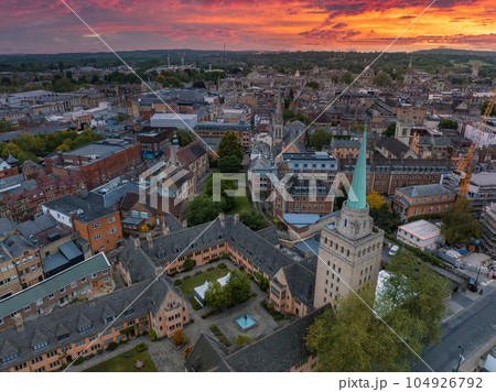 Aerial view over the city of Oxford with Oxford University and other medieval buildings. Travel photography concept. 104926792
