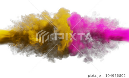 Puffs of orange and pink smoke collide against a white background. 3d illustration.  104926802