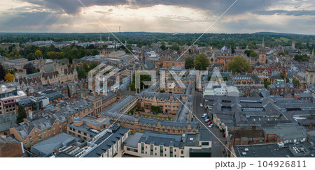 Aerial view over the city of Oxford with Oxford University and other medieval buildings. Travel photography concept. 104926811