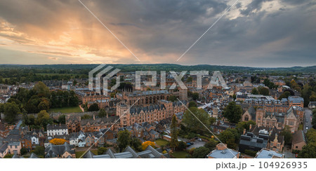 Aerial view over the city of Oxford with Oxford University and other medieval buildings. Travel photography concept. Aerial view over the city of Oxford with Oxford University and other medieval buildings. Travel photography concept. 104926935