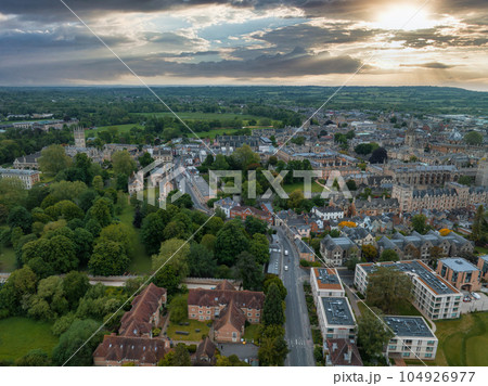 Aerial view over the city of Oxford with Oxford University and other medieval buildings. Travel photography concept. Aerial view over the city of Oxford with Oxford University and other medieval buildings. Travel photography concept. 104926977