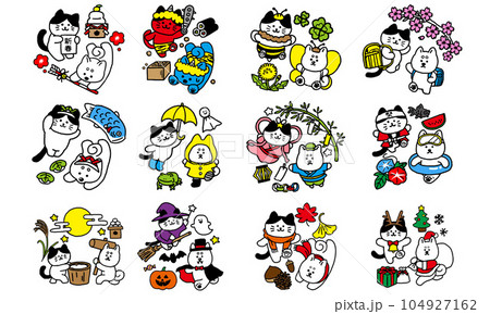 12か月犬と猫のイラストセット 104927162