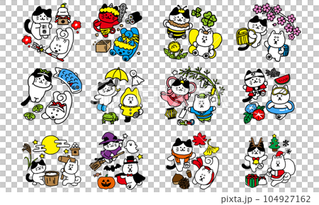 12か月犬と猫のイラストセット 104927162