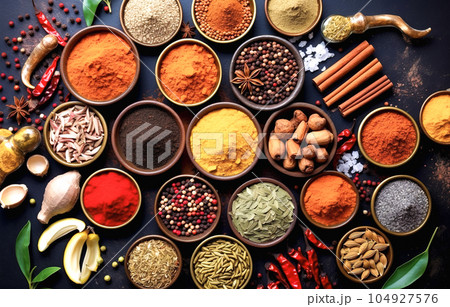 Spices and herbs in wooden bowls. Food and cuisine ingredients 104927576