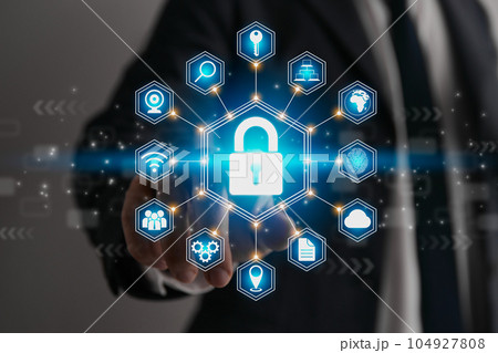 Businessman Hand and Finger Touching Screen and Hexagonal Blue Lock Security Sign 104927808