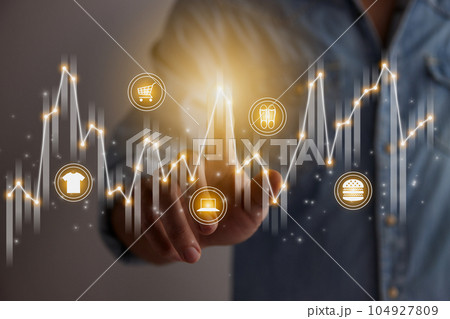 Casual Businessman Hand and Finger Press or Touch Stock Graph and Online Products 104927809