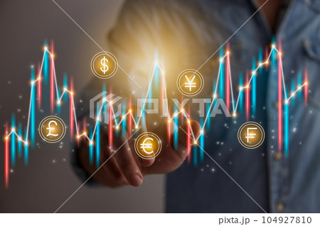 Casual Businessman Hand and Finger Press or Touch Color Stock Graph and Money Currency 104927810