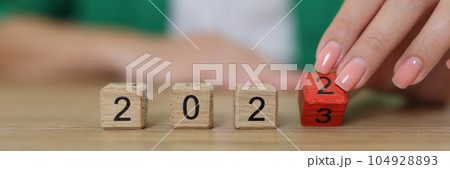 Close up of flipping of wooden cube block change from 2022 to 2023. Close up of flipping of wooden cube block change from 2022 to 2023. 104928893