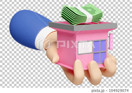 3d businessman hands hold building shop store front with banknote stack icon isolated. startup franchise business, saving money, business growth concept, 3d render illustration 104929074