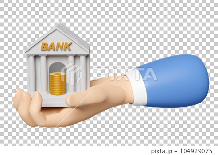 3d businessman hands holding bank or tax office building with money icon isolated. bank financing, money exchange concept, 3d render illustration 3d businessman hands holding bank or tax office building with money icon isolated. bank financing, money exchange concept, 3d render illustration 104929075