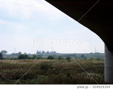国道17号上武道路｢新上武大橋(2010.10)｣群馬県太田市の左岸橋脚下から広角で高架橋を望む 104929164
