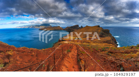 Volcanic sea cliffs of the Sao Lourenco peninsula, eastern Madeira, Portugal, Atlantic Ocean 104929197