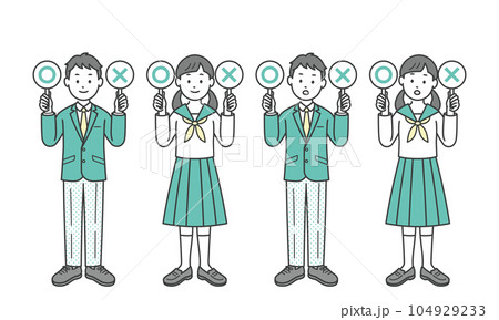 ⚪︎と×の札を上げる男女の学生 ⚪︎と×の札を上げる男女の学生 104929233