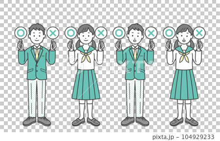 ⚪︎と×の札を上げる男女の学生 ⚪︎と×の札を上げる男女の学生 104929233